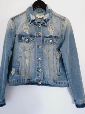 CISONO Medium Natural Distressed Blue Button Front Cotton blend Denim Jacket